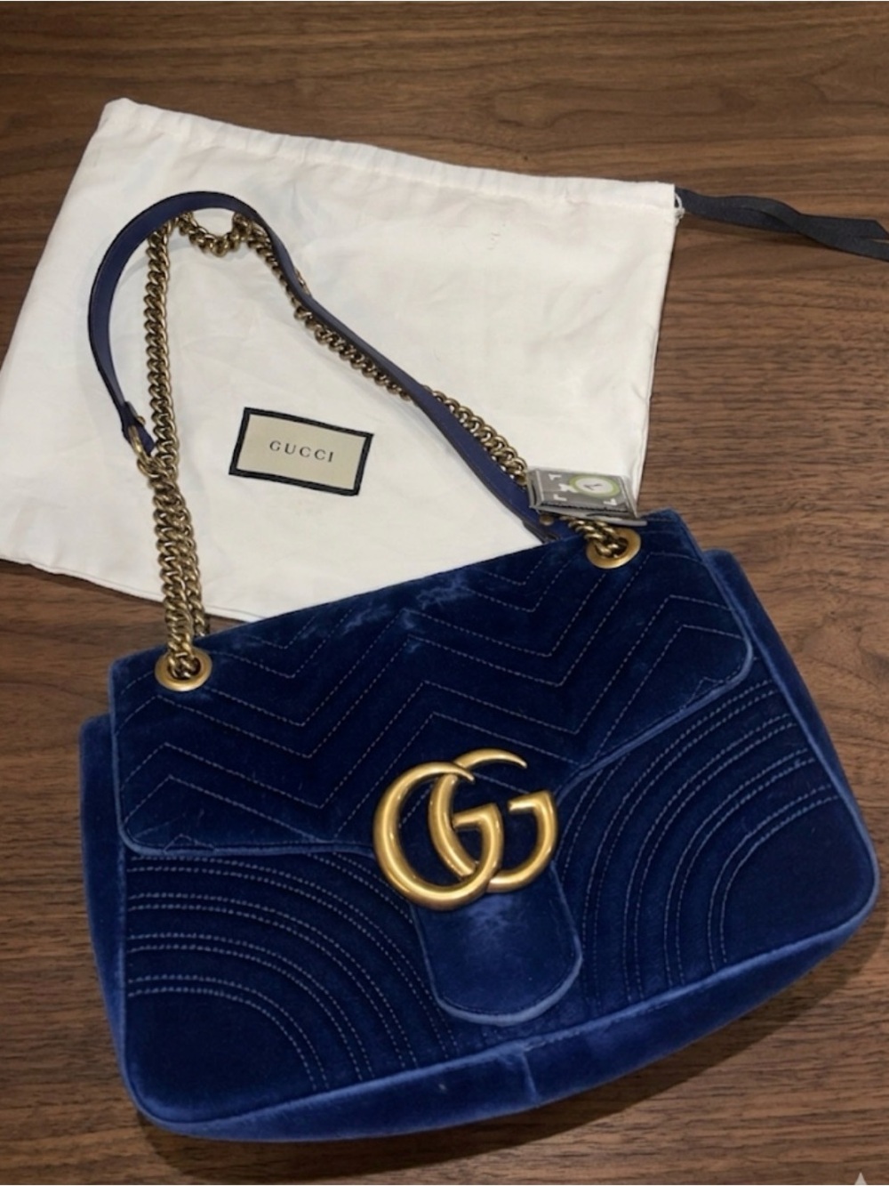 Gucci Navy Velvet GG LARGE Marmont Shoulder Bag with Gold Hardware